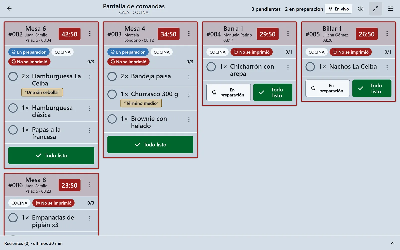 Pantalla de comandas de cocina con los pedidos de cada mesa, el tiempo de espera y el estado en preparación (datos de demostración)