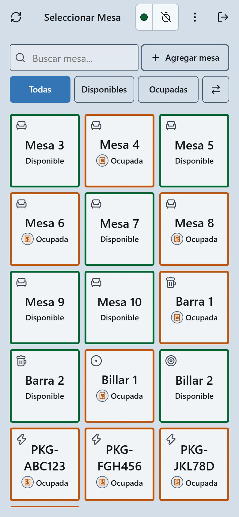 TomaPedido en el celular: mesas, barras y billares con su estado disponible u ocupada y los filtros de mesas (datos de demostración)