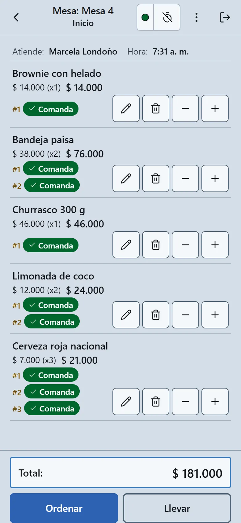 TomaPedido en el celular: pedido de la Mesa 4 con sus productos, las comandas enviadas, el total y el botón Ordenar (datos de demostración)